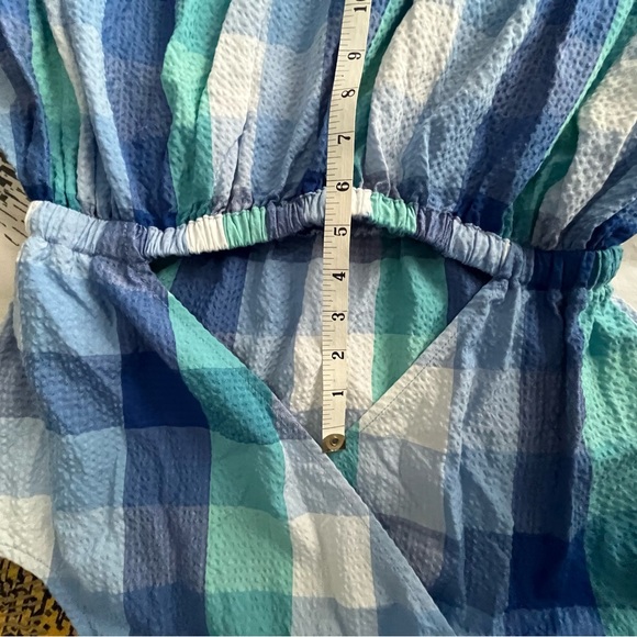 LOFT Plaid Cutout Back Midi Pocket Dress Blue Aqua White Size M. NWT - Picture 14 of 15